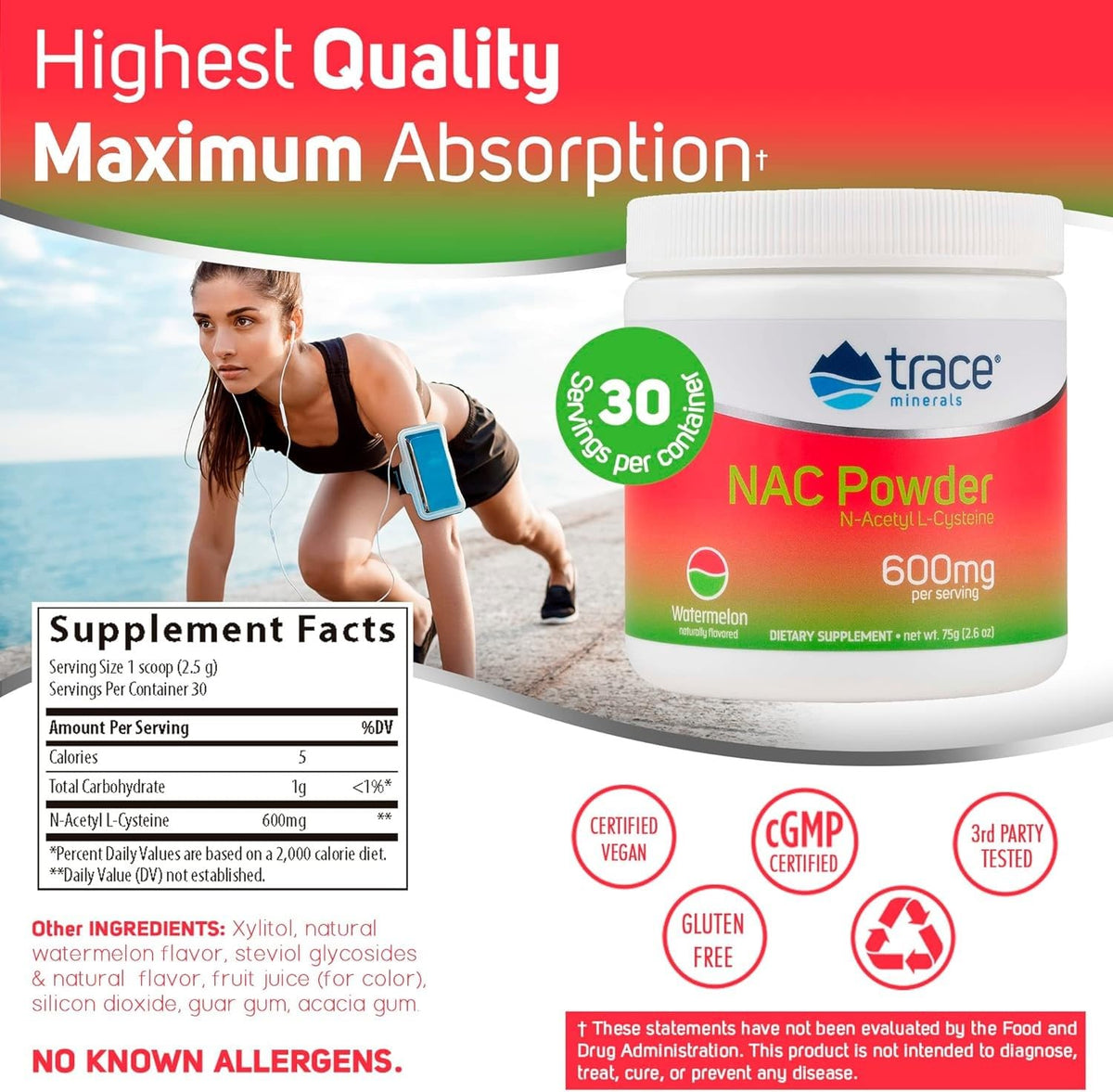 Trace Minerals Poudre N-Acétylcystéine 75g avec cuillère de mesure