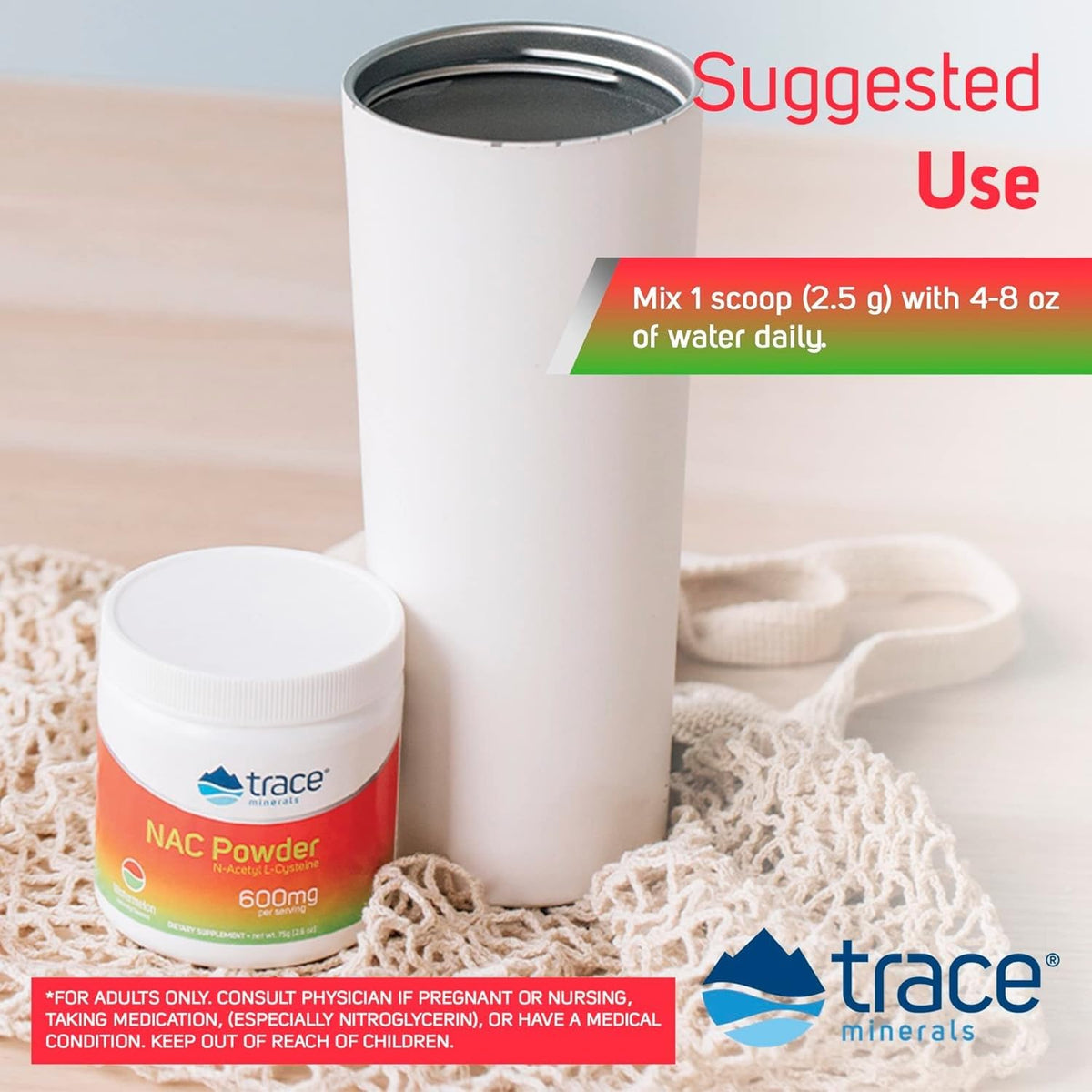 Trace Minerals Poudre N-Acétylcystéine 75g sur un fond naturel
