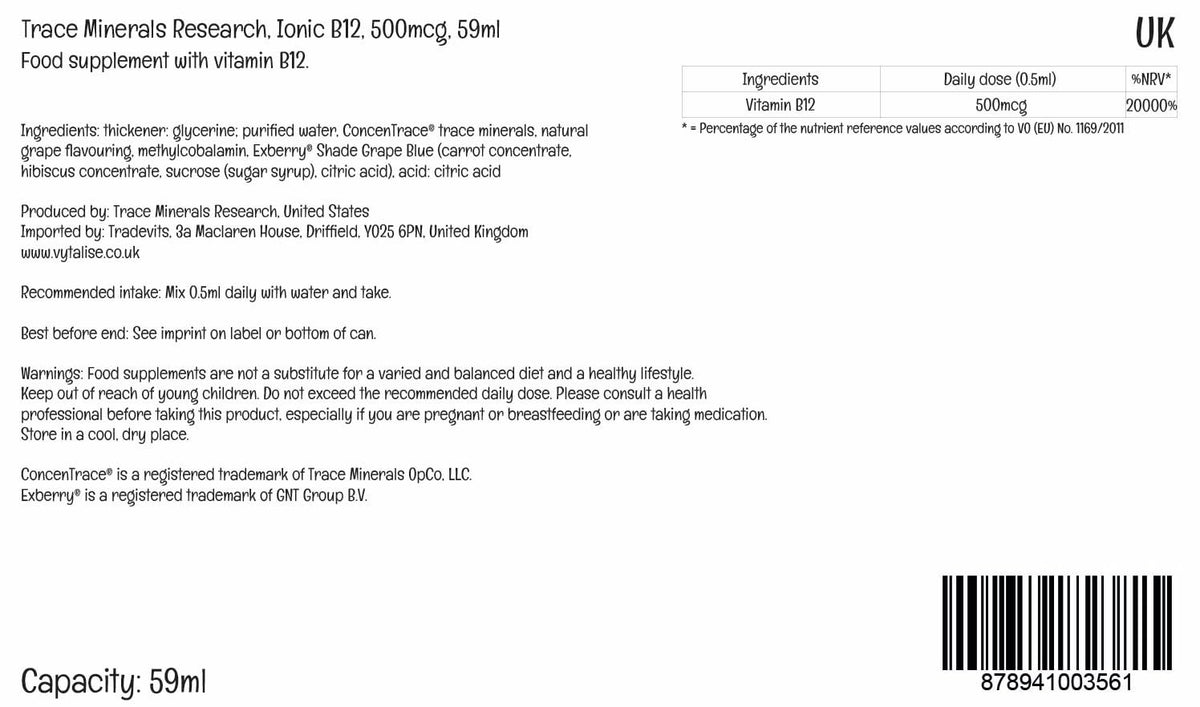 Trace Minerals Vitamine B12 Liquide Ionique 1000 mcg 2 oz arrière