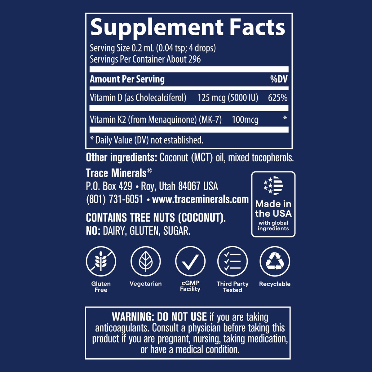 Trace Minerals Vitamine D3 + K2 5000 IU goutte en usage