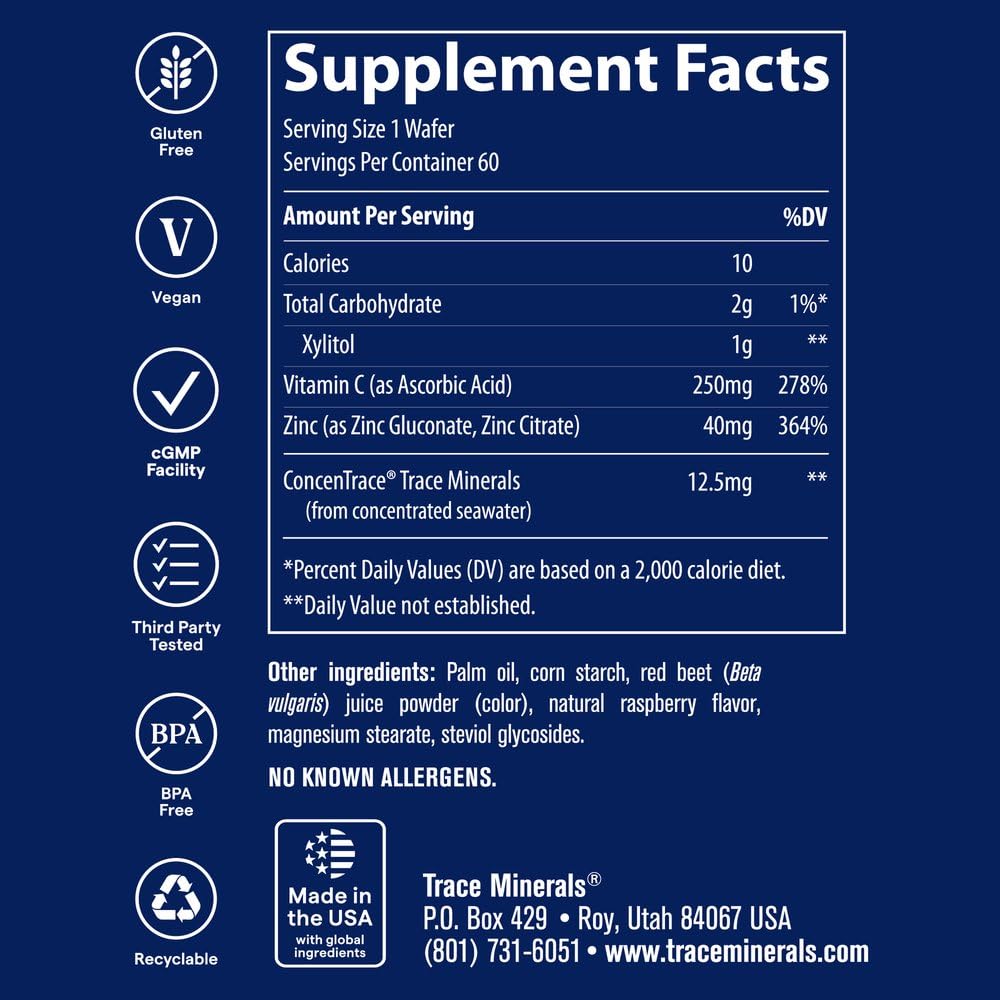 Trace Minerals Zinc + Vitamine C 60 pastilles à mâcher, présentation des pastilles