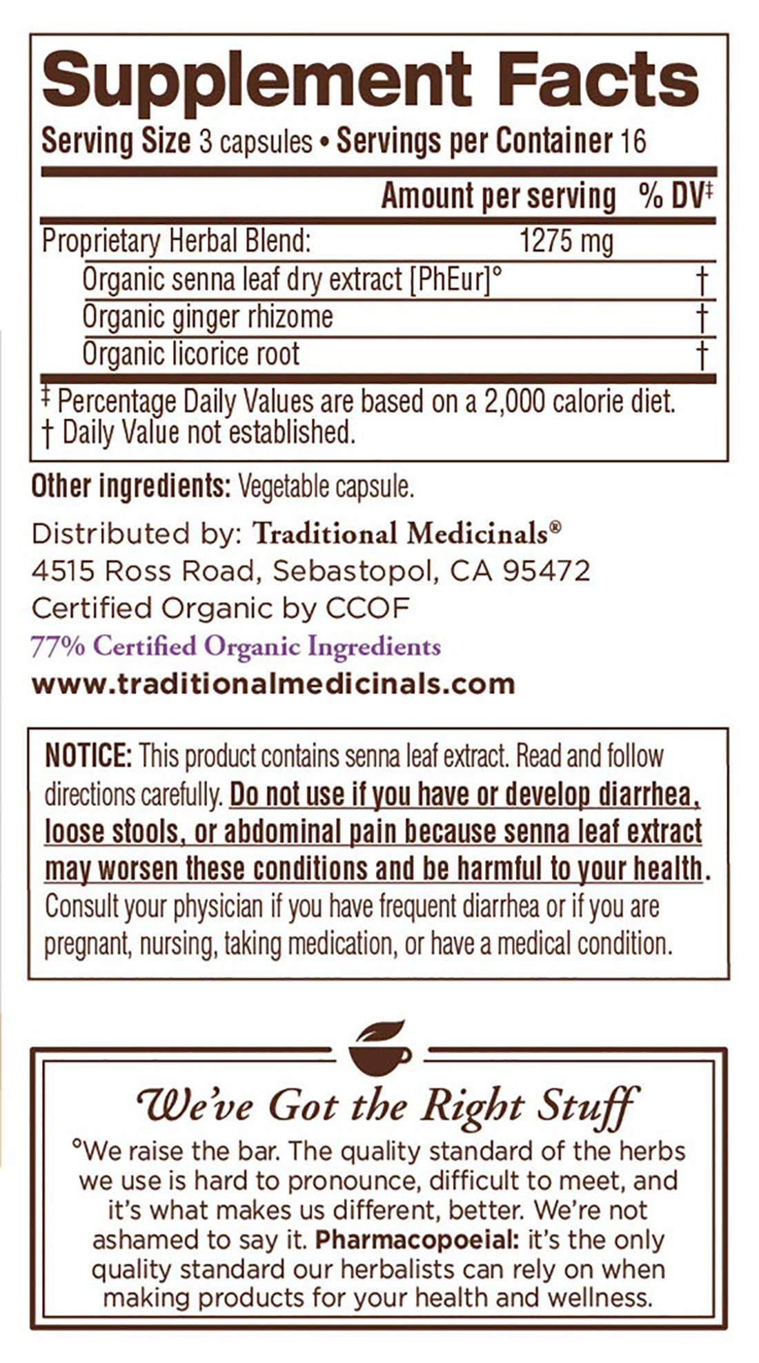 Traditional Medicinals Smooth Move Senna capsules with a glass of water