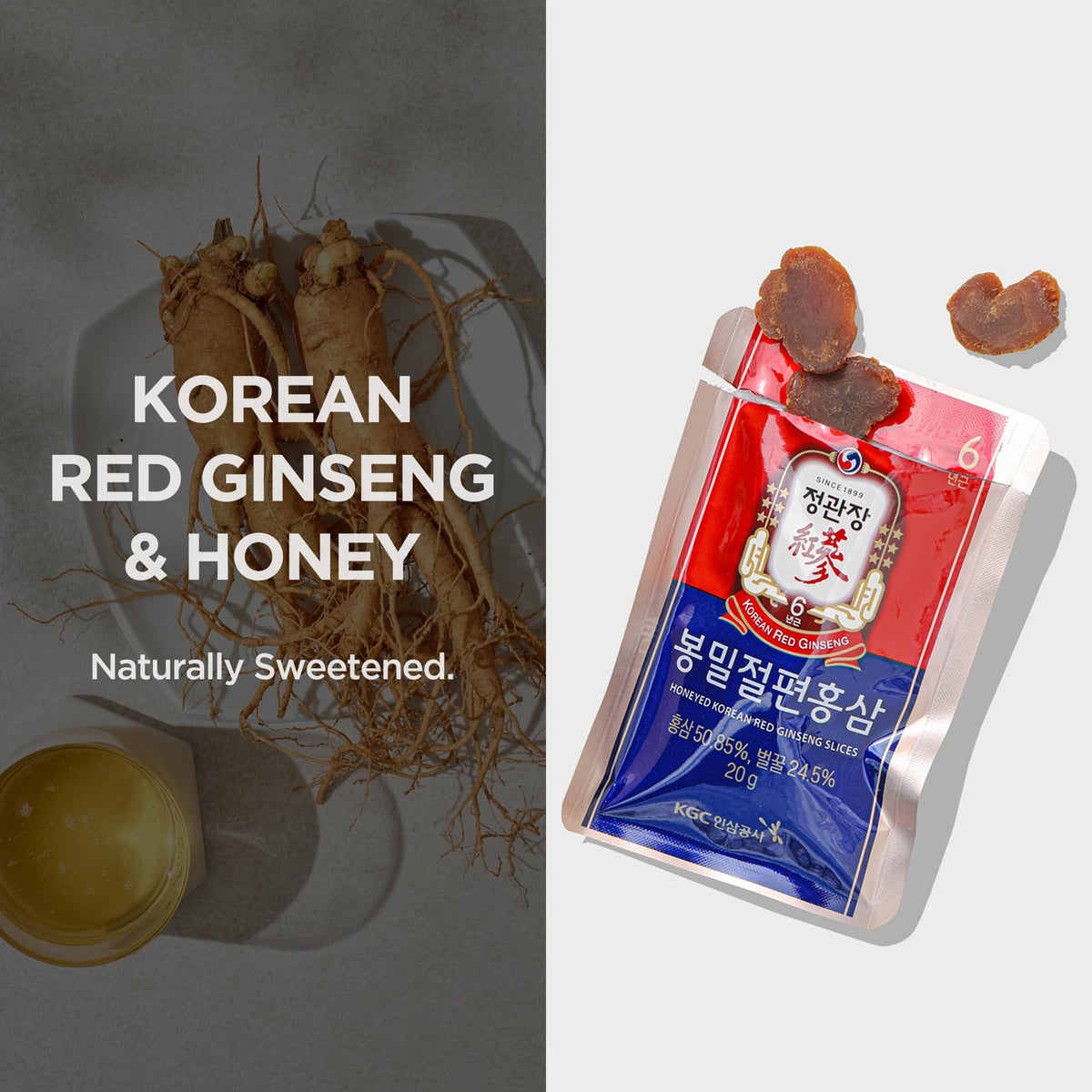 Tranches de ginseng rouge coréen miel avec une cuillère en bois