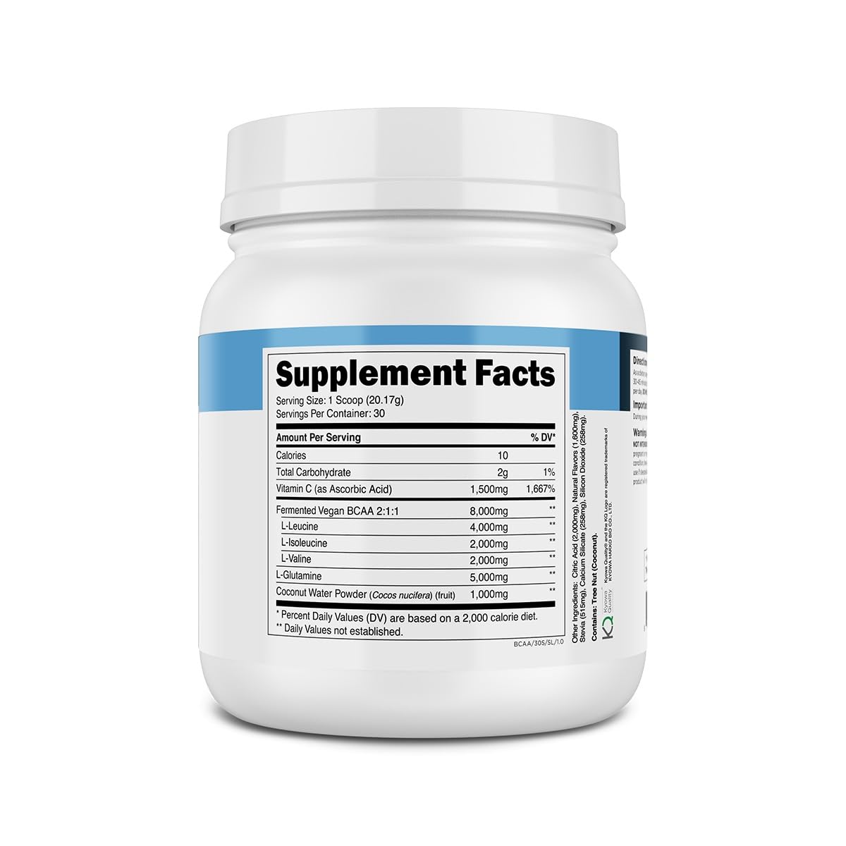 Transparent Labs BCAA Glutamine 8000 mg en poudre, étiquette avec informations nutritionnelles