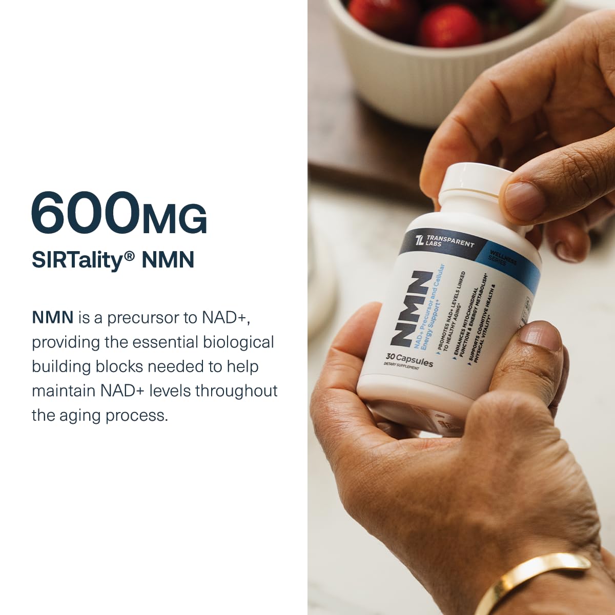 Transparent Labs Complément NMN 600 mg sur un fond neutre