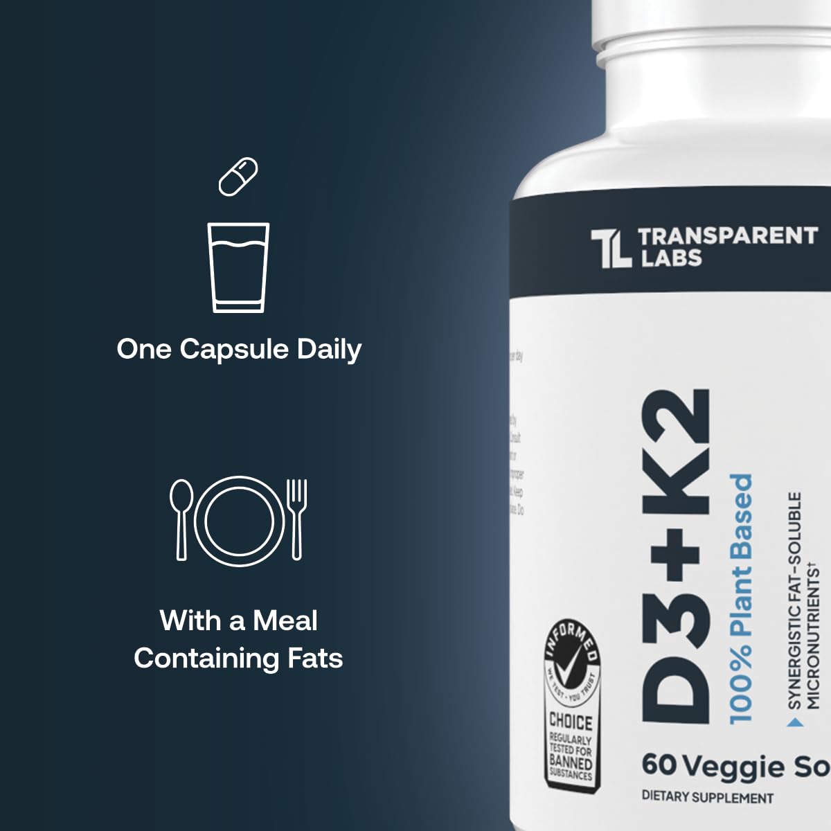 Transparent Labs D3 K2 5000 IU, capsules sur un fond neutre
