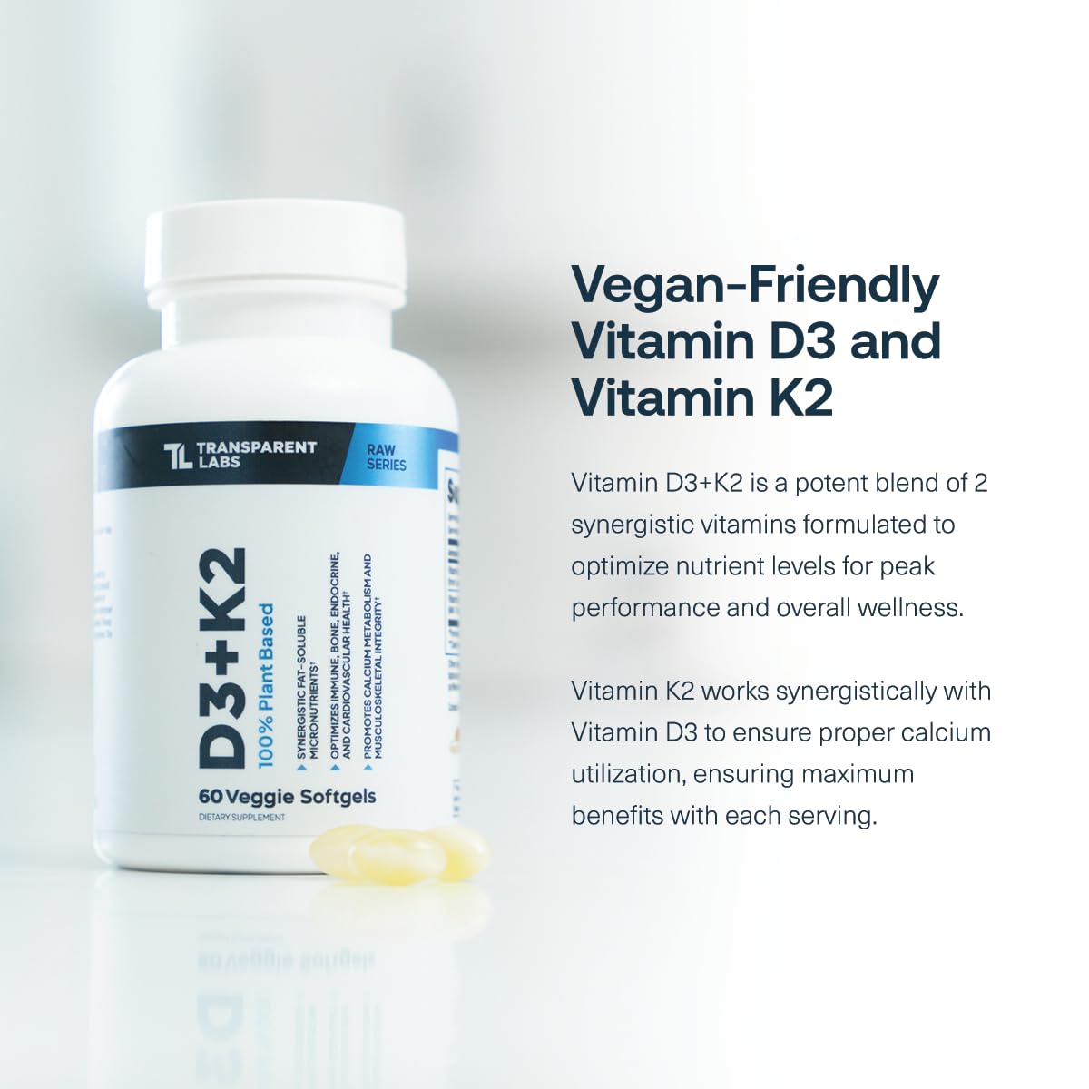 Transparent Labs D3 K2 capsules, vue de face