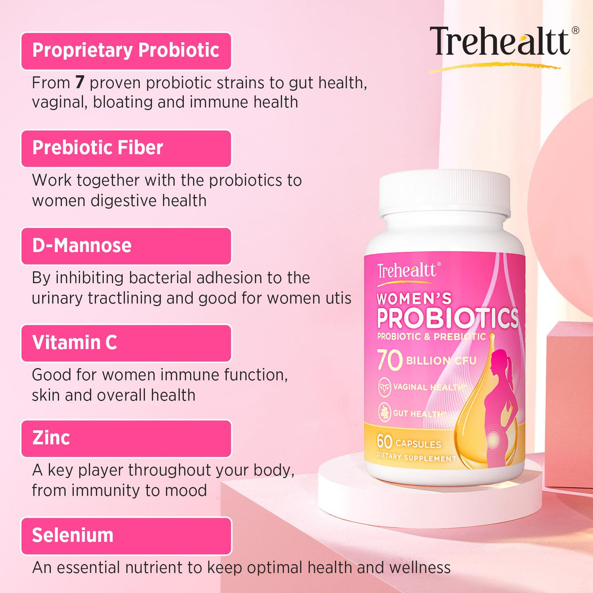 Trehealtt Probiotiques Vaginal 70 Milliards CFU - capsules dans le flacon