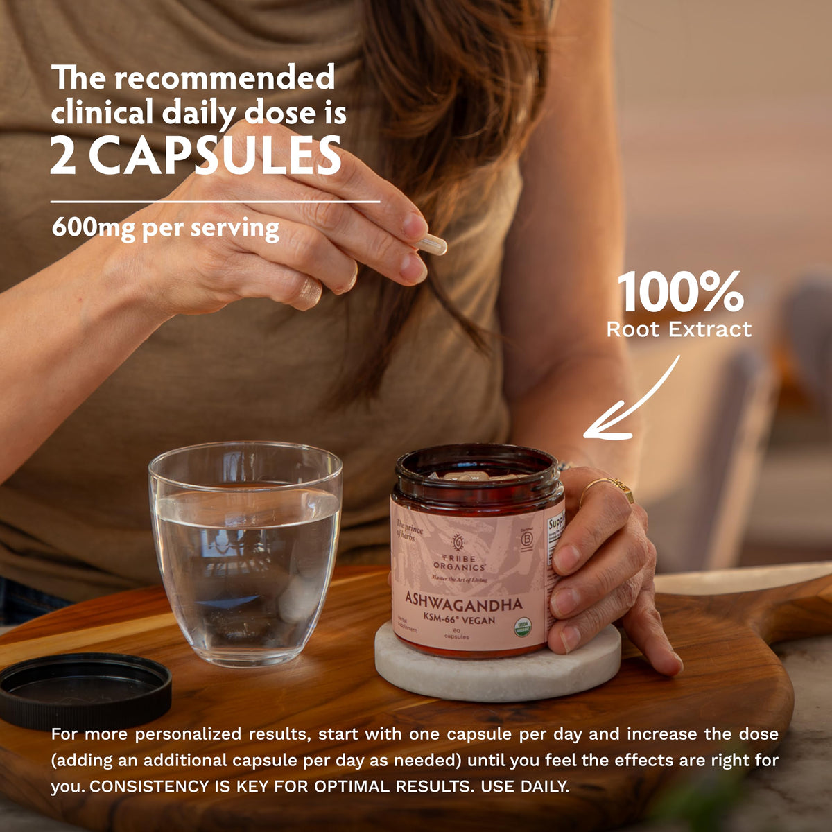 TRIBE ORGANICS Ashwagandha KSM-66 capsules with measuring spoon