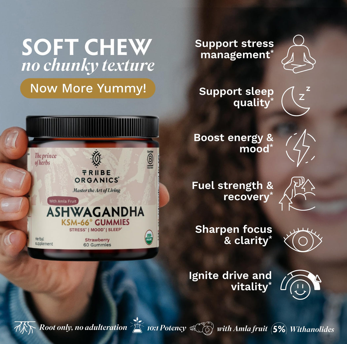 TRIBE ORGANICS Gummies Ashwagandha 60 unités avec Amla en gros plan