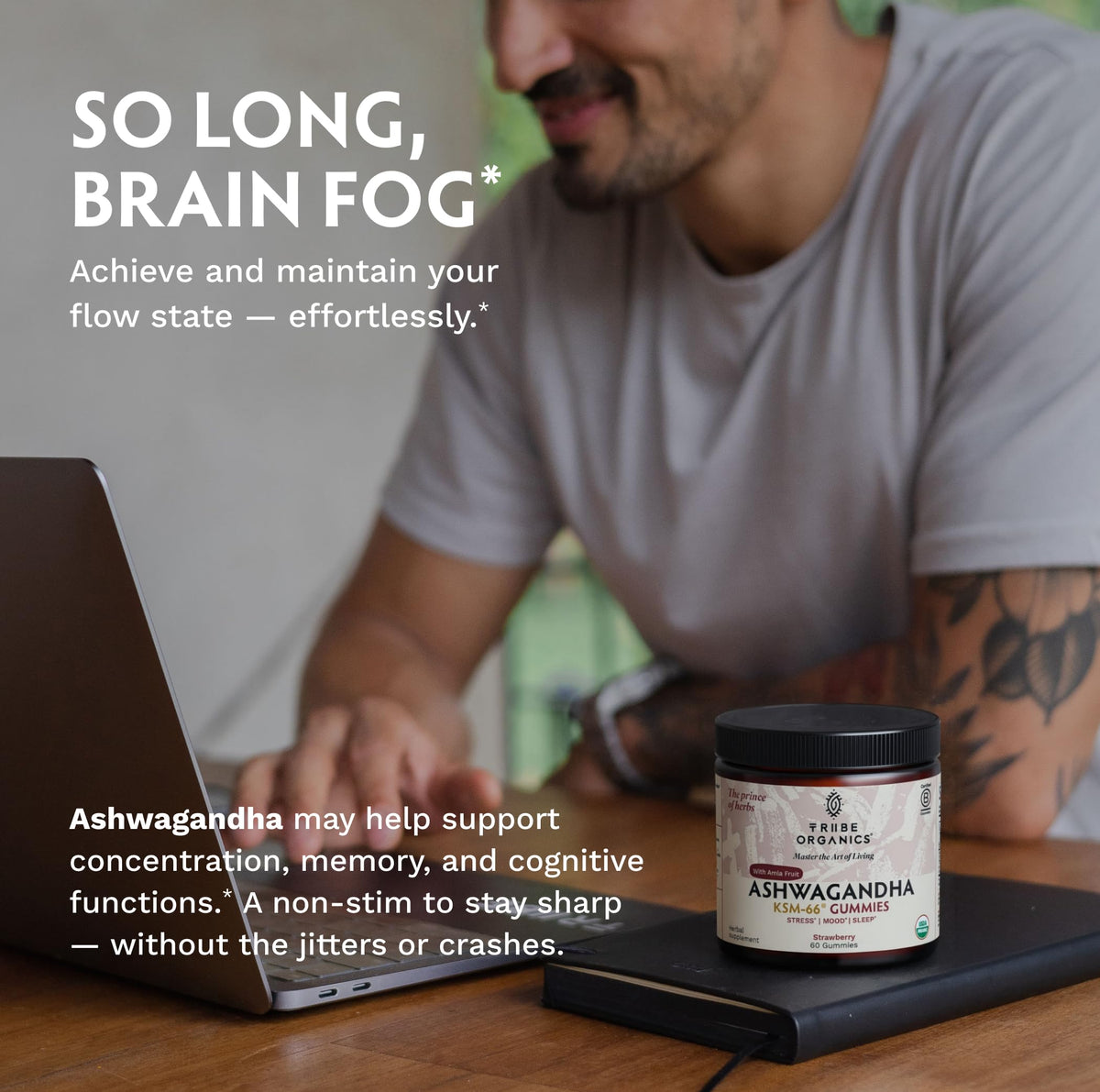 TRIBE ORGANICS Gummies Ashwagandha 60 unités avec une main tenant un gummy