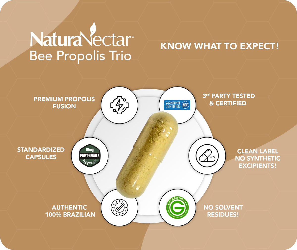 Trio de Propolis NaturaNectar avec des abeilles en arrière-plan