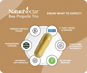 Trio de Propolis NaturaNectar avec des abeilles en arrière-plan