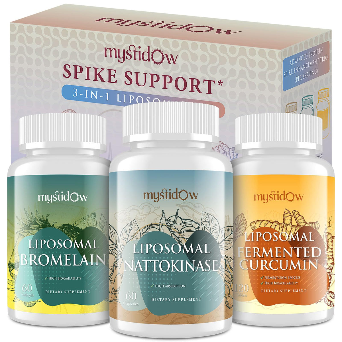 Trio de Soutien Spike Mystidow - Nattokinase, Bromélaïne, Curcuma en emballage