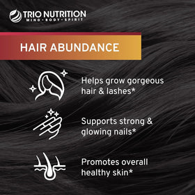 TRIO NUTRITION Hair Abundance Biotine 10 000 mcg - gélule à côté d'un verre d'eau