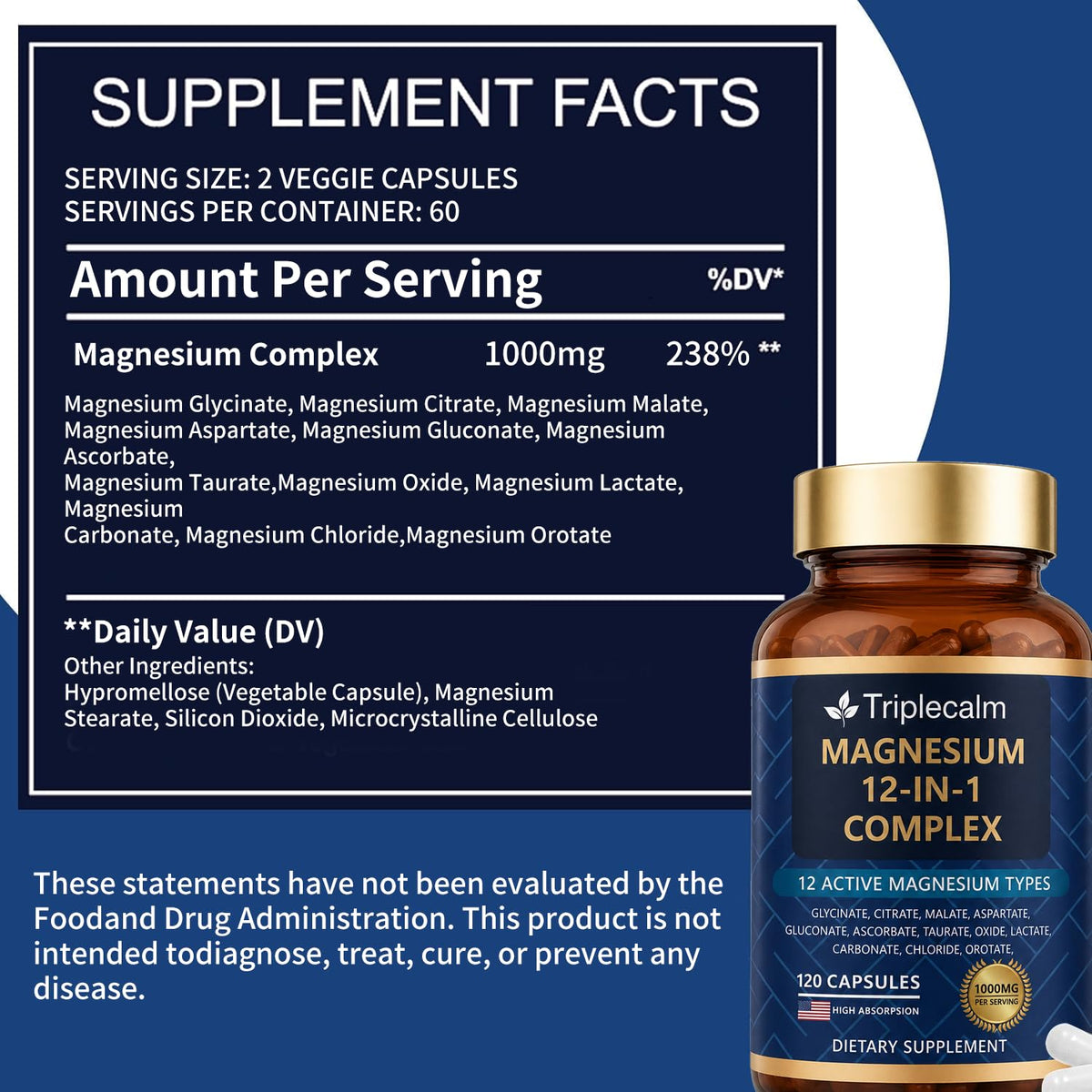 Triplecalm Complément Alimentaire Magnésium 12 en 1 1000mg dos