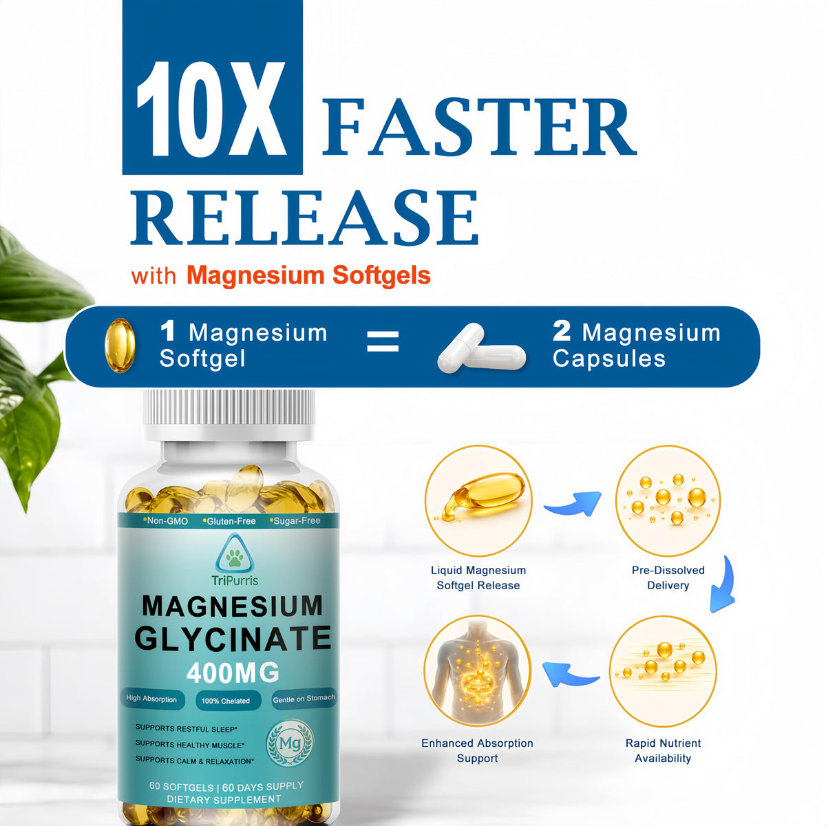 TriPurris Magnésium Glycinate 400mg gélules liquides avec mesure