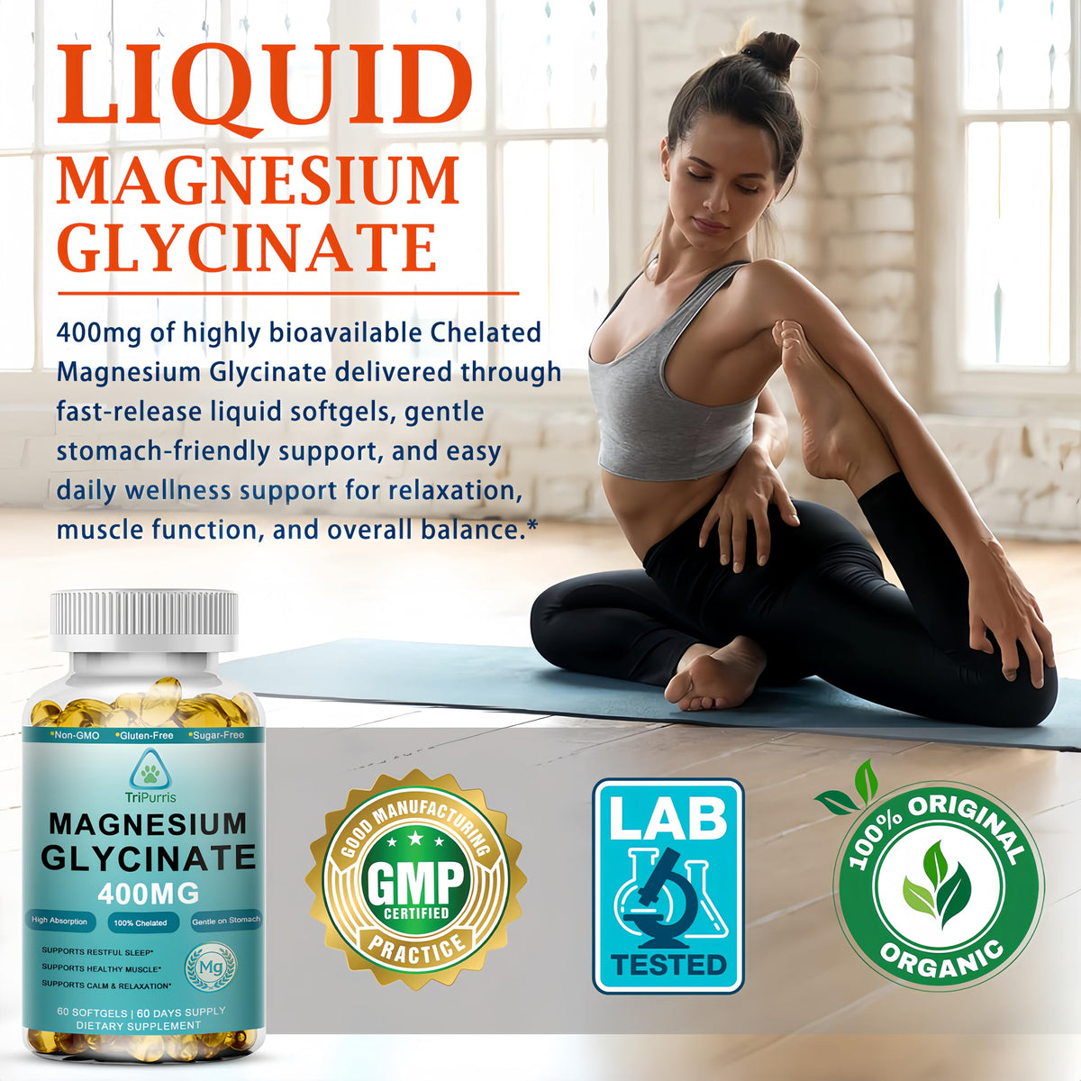 TriPurris Magnésium Glycinate 400mg gélules liquides côté