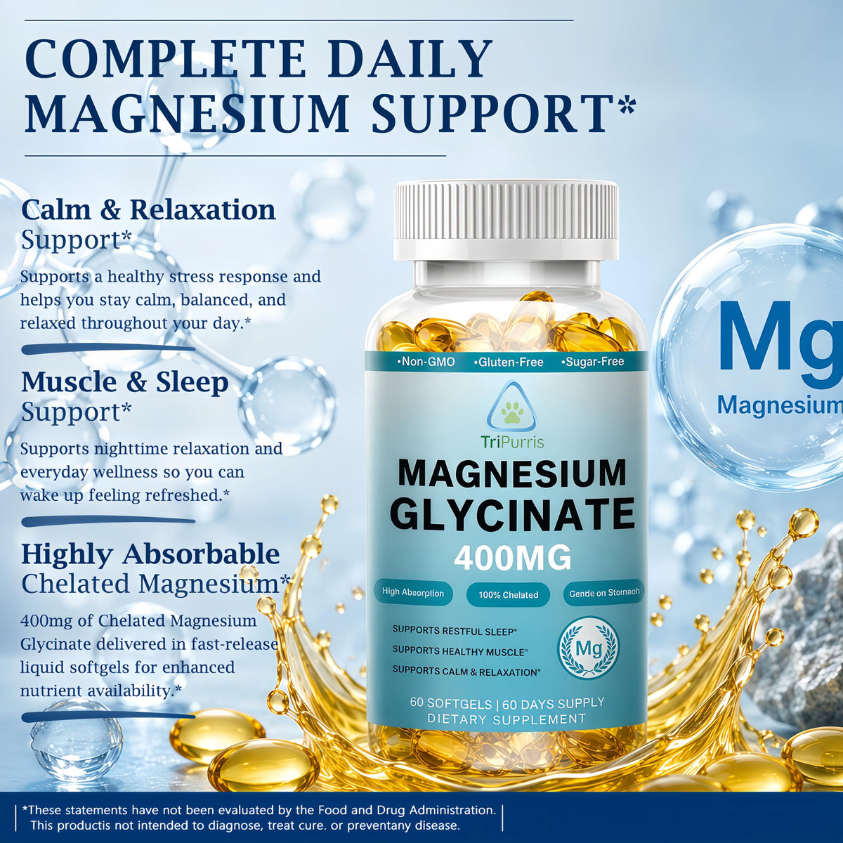 TriPurris Magnésium Glycinate 400mg gélules liquides sur un fond blanc