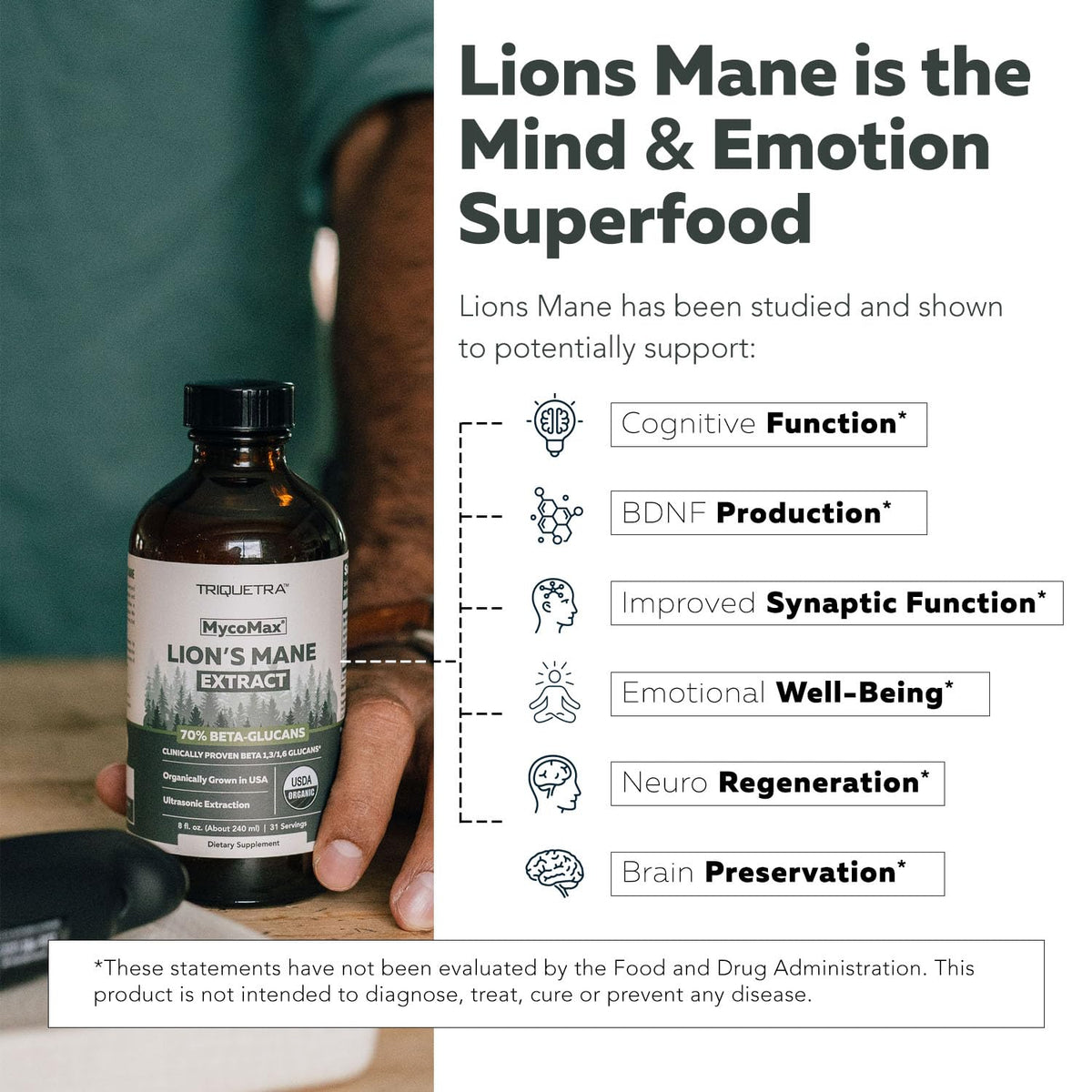Triquetra Health Extrait de Lion's Mane 500 mg - présentation avec des champignons