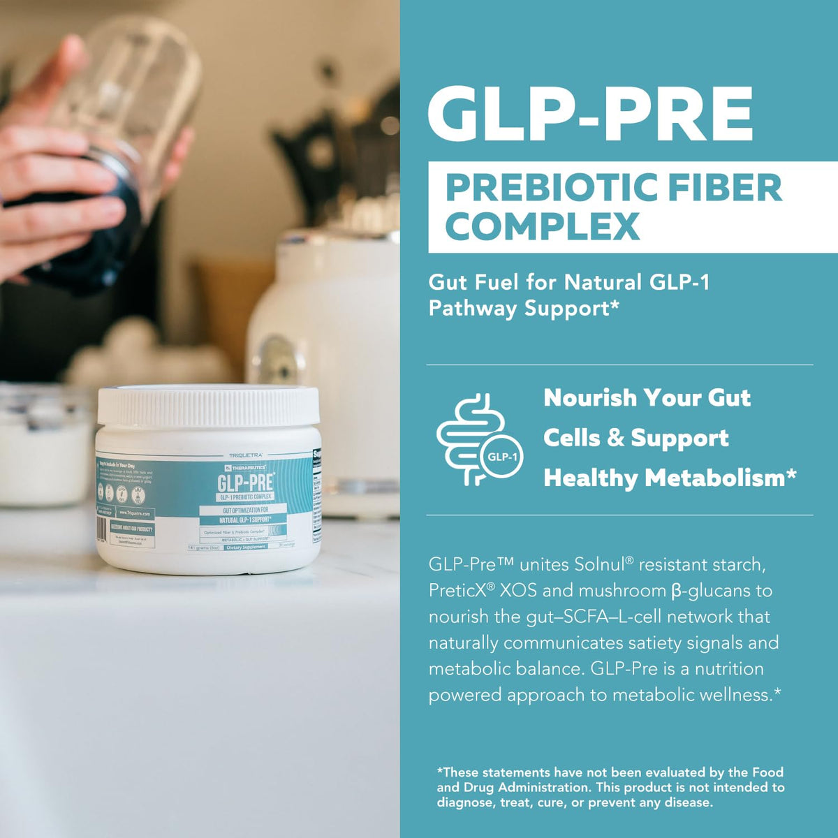 Triquetra Health GLP-Pre™ Poudre en poudre dans un verre d'eau