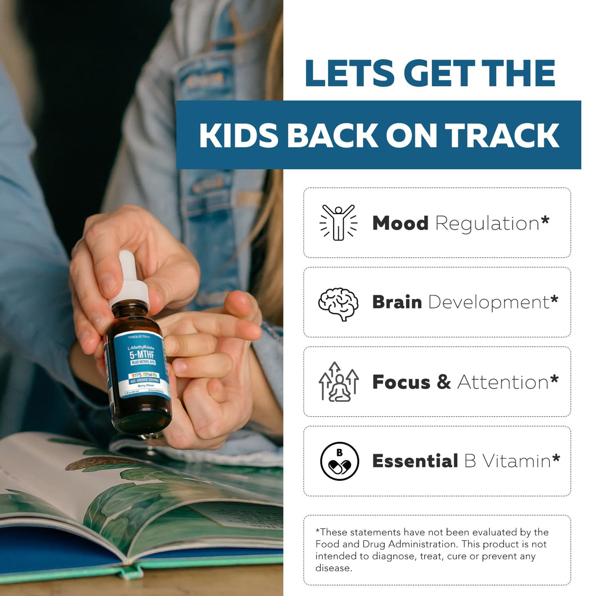 Triquetra Health Kids L-Méthylfolate à côté de fruits frais