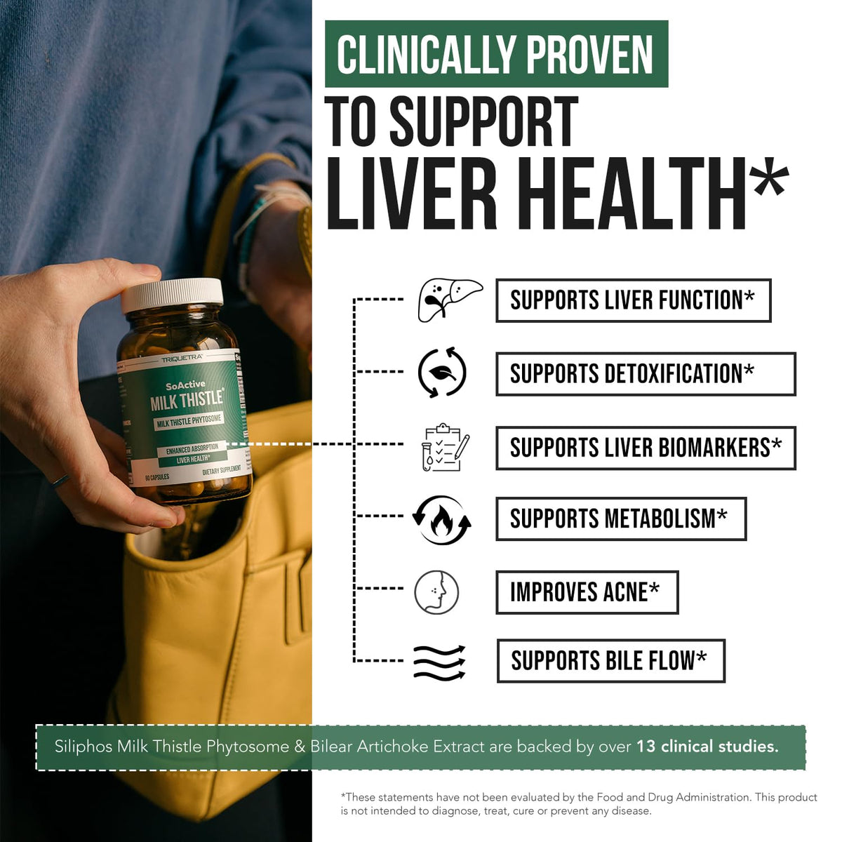 Triquetra Health SoActive® Chardon-Marie capsules près d'un verre d'eau