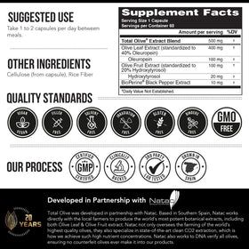 Triquetra Health Total Olive avec gouttes d'huile d'olive en arrière-plan