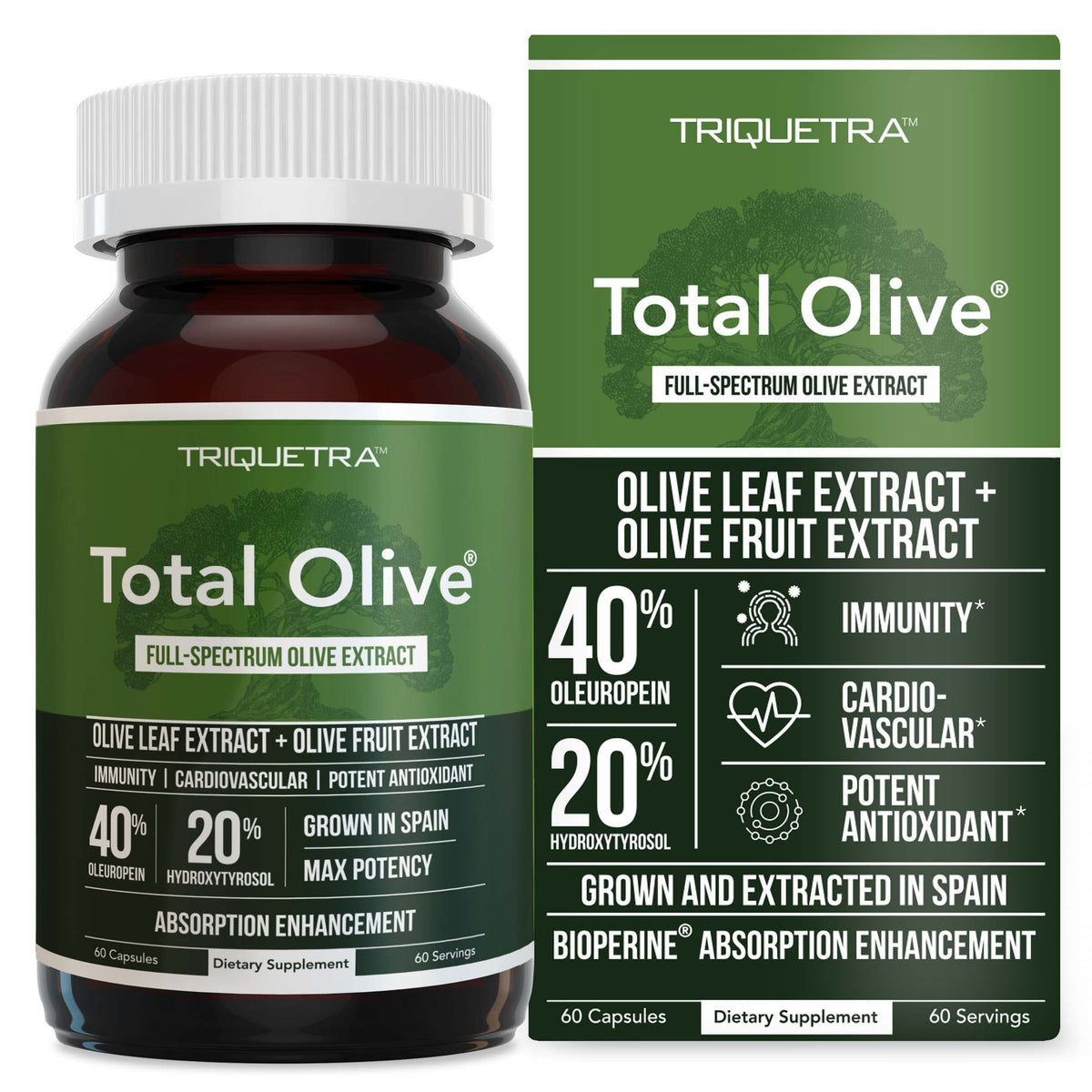 Triquetra Health Total Olive Extrait de Feuille d'Olive 40% Oleuropéine, vue avant