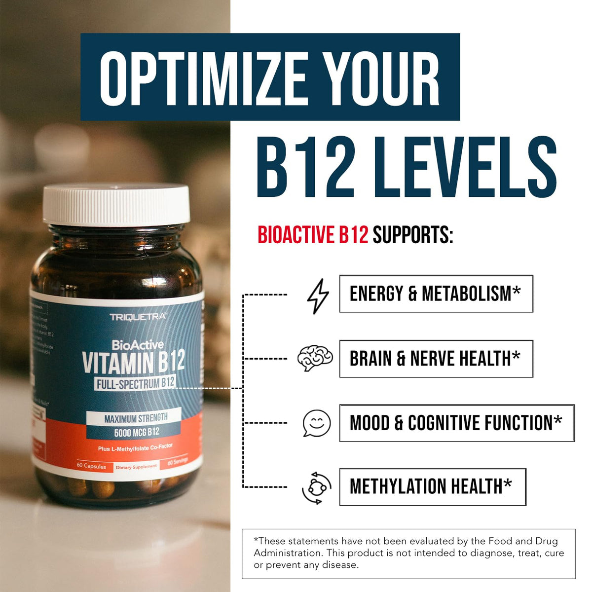 Triquetra Health Vitamine B12 5000mcg complexe en usage avec verre d'eau