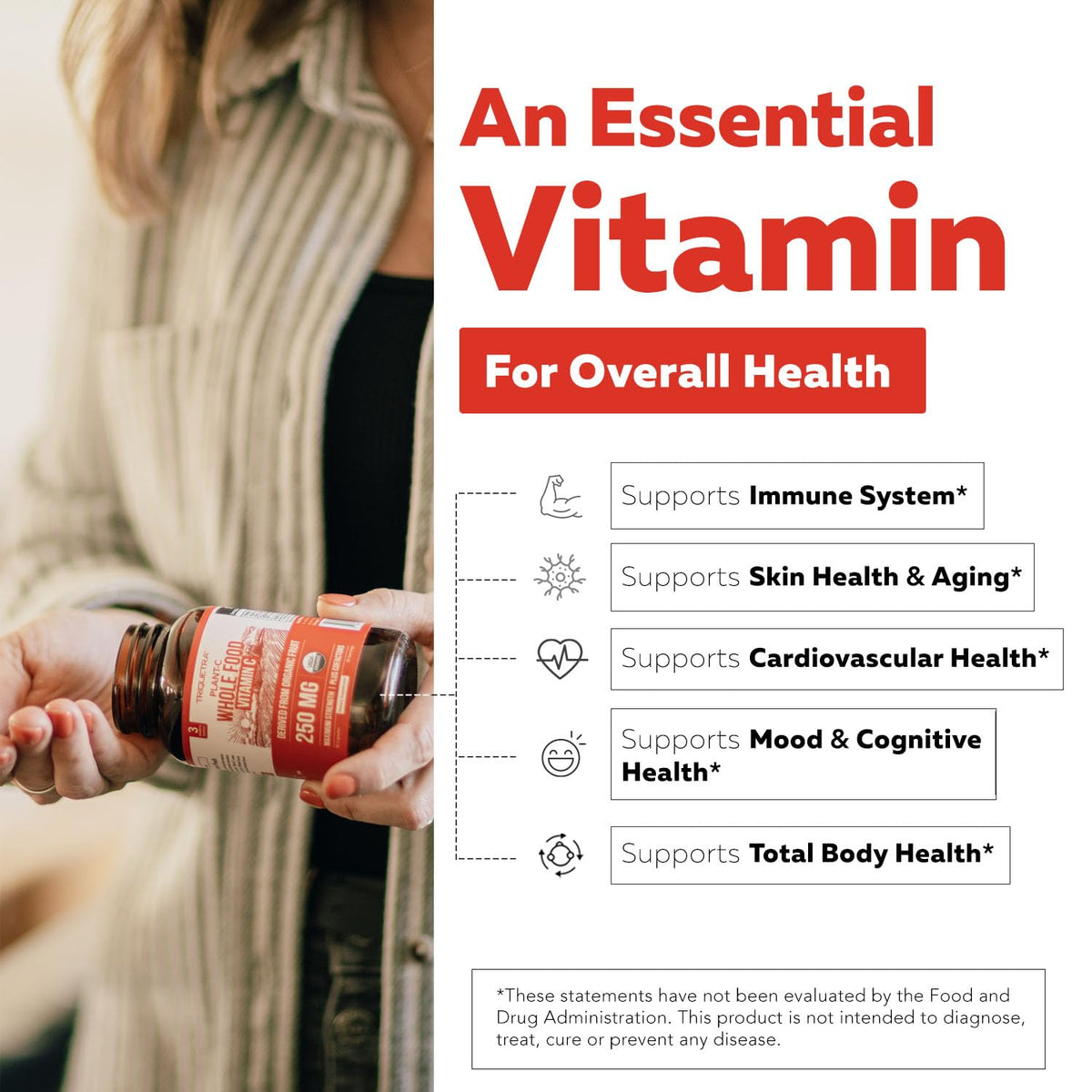 Triquetra Health Vitamine C Organique 250 mg avec main tenant une capsule