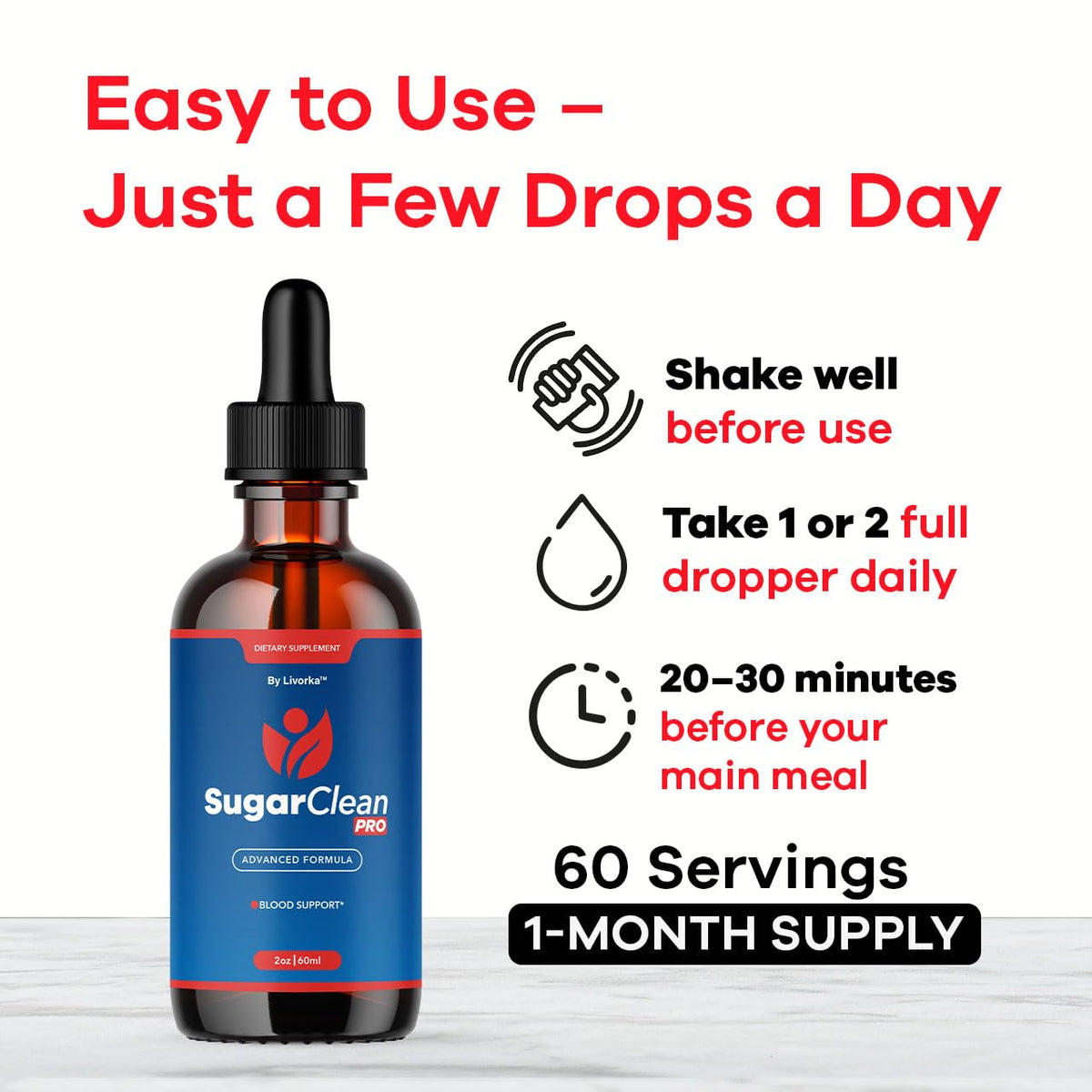 Trois flacons de gouttes Sugar Clean Pro alignés sur une table