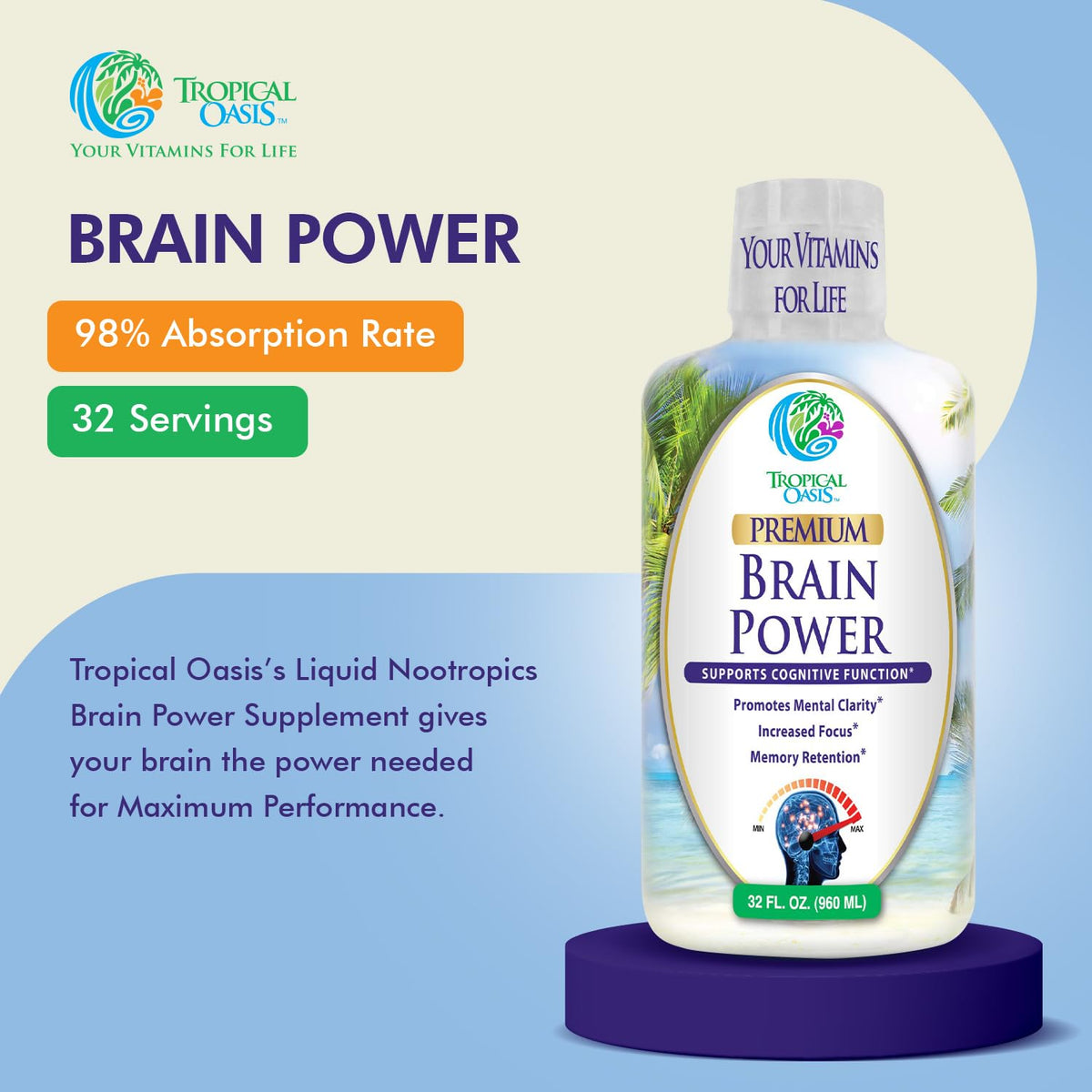 Tropical Oasis Brain Power présentation avec fruits frais