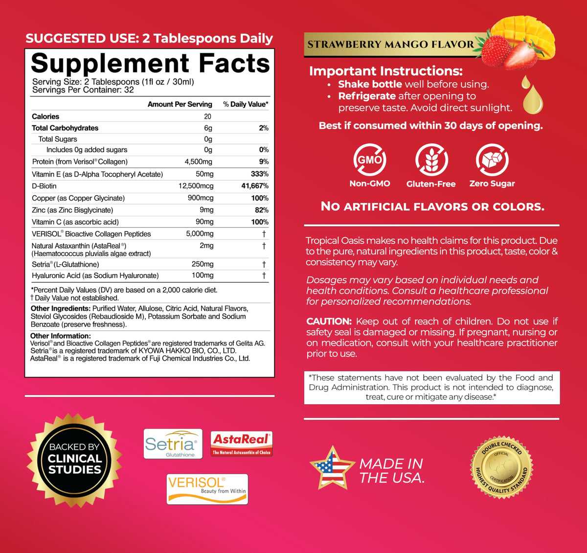 Tropical Oasis Collagène Liquide 5000mg étiquette avec ingrédients