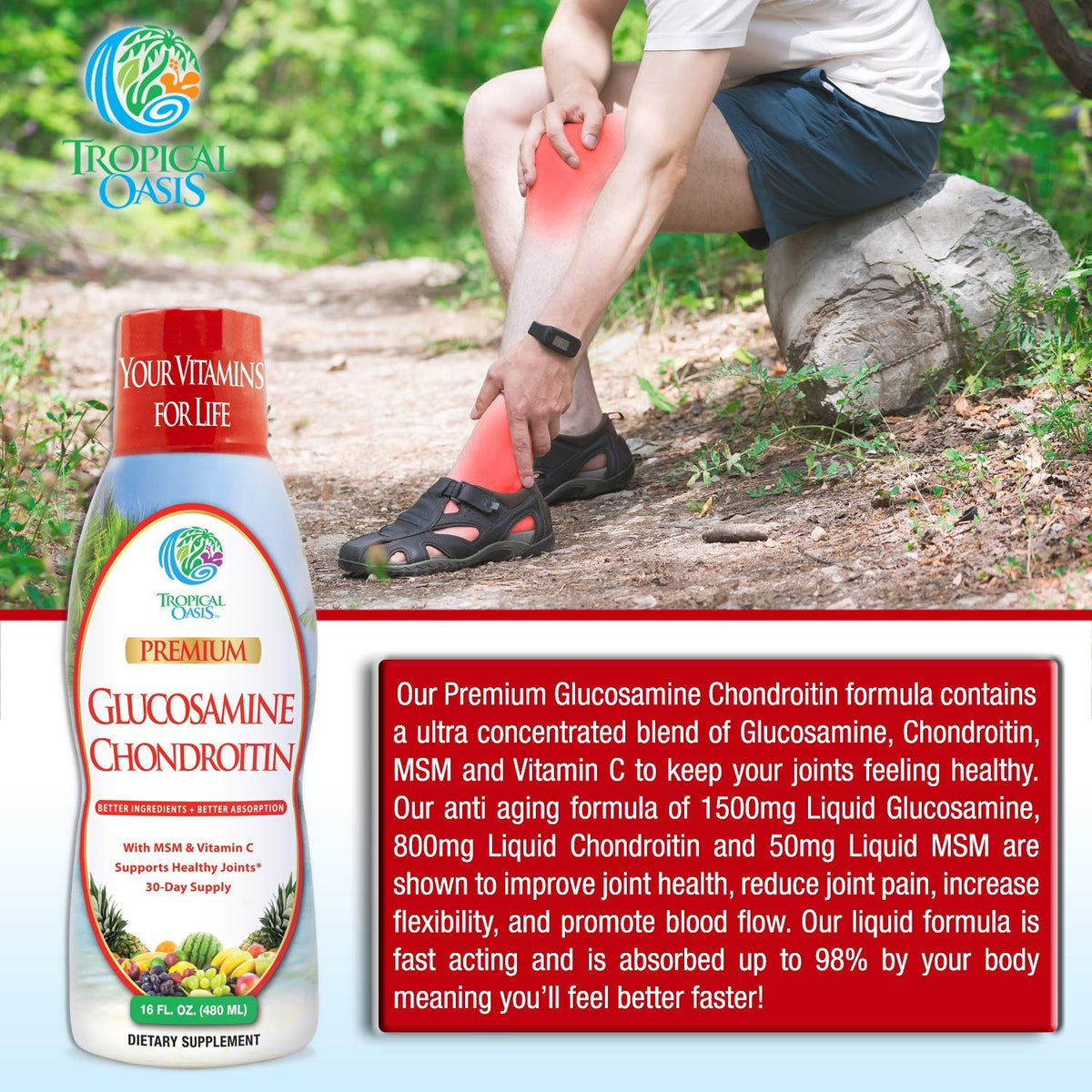 Tropical Oasis Glucosamine Chondroitin 1500mg 16 Fl Oz avec verre