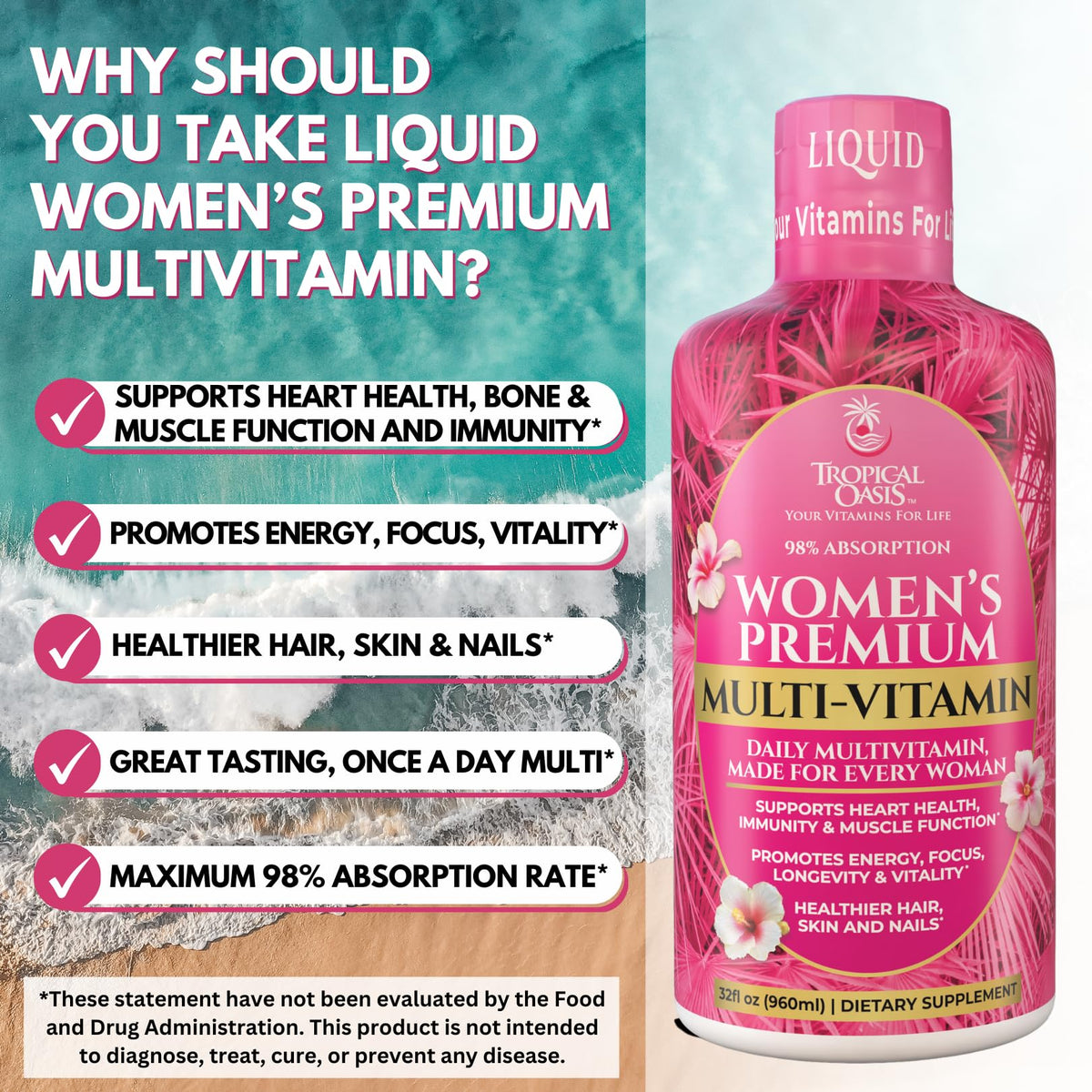 Tropical Oasis Multivitamine Liquide Femme 32 Serv en action avec un verre