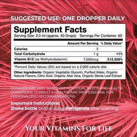 Tropical Oasis Ultra Max B12 5000mcg arrière de la bouteille avec informations nutritionnelles