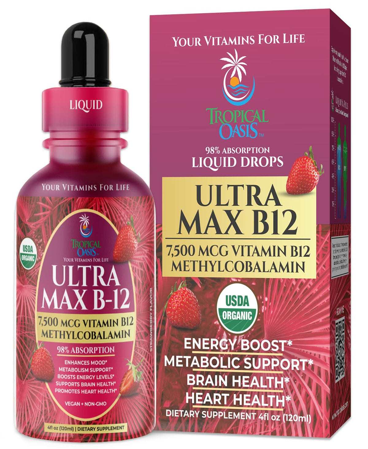 Tropical Oasis Ultra Max B12 5000mcg avant de la bouteille en goût fraise
