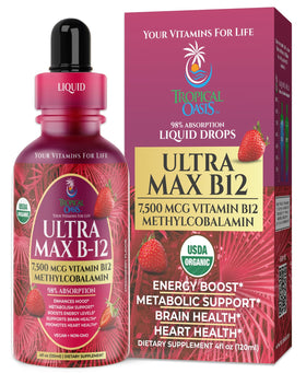 Tropical Oasis Ultra Max B12 5000mcg avant de la bouteille en goût fraise