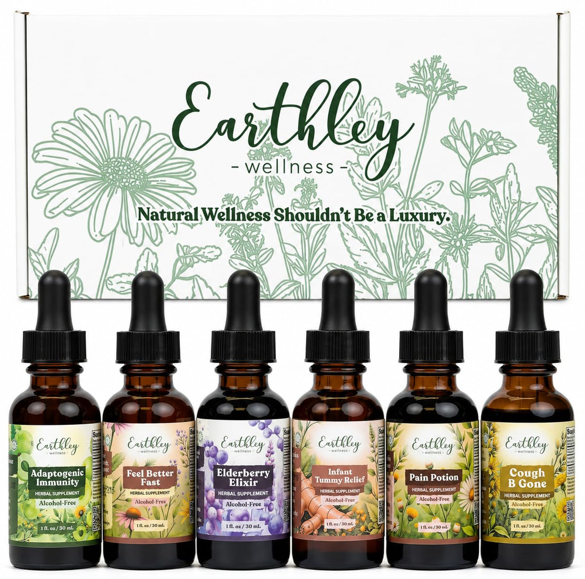 Trousse de teintures herbales bio Earthley Wellness avec 6 flacons
