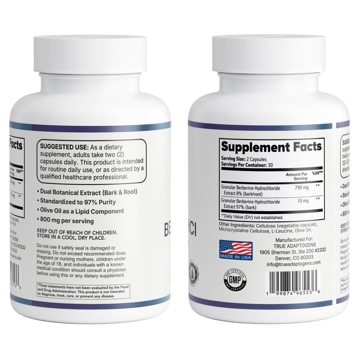 True Adaptogens Berberine HCl 800mg capsules sur fond blanc