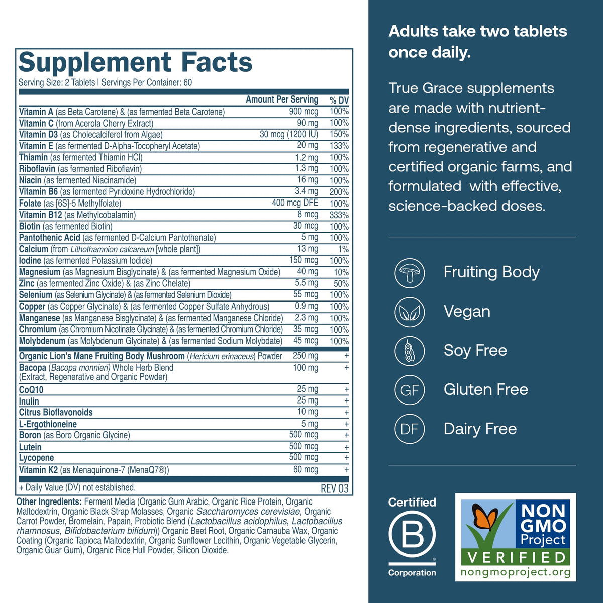 True Grace Multivitamine Quotidienne Homme 50+ comprimés sur une table