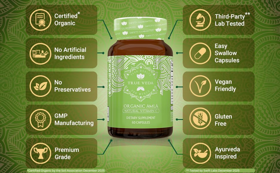 True Veda Amla capsules avec label USDA Organic