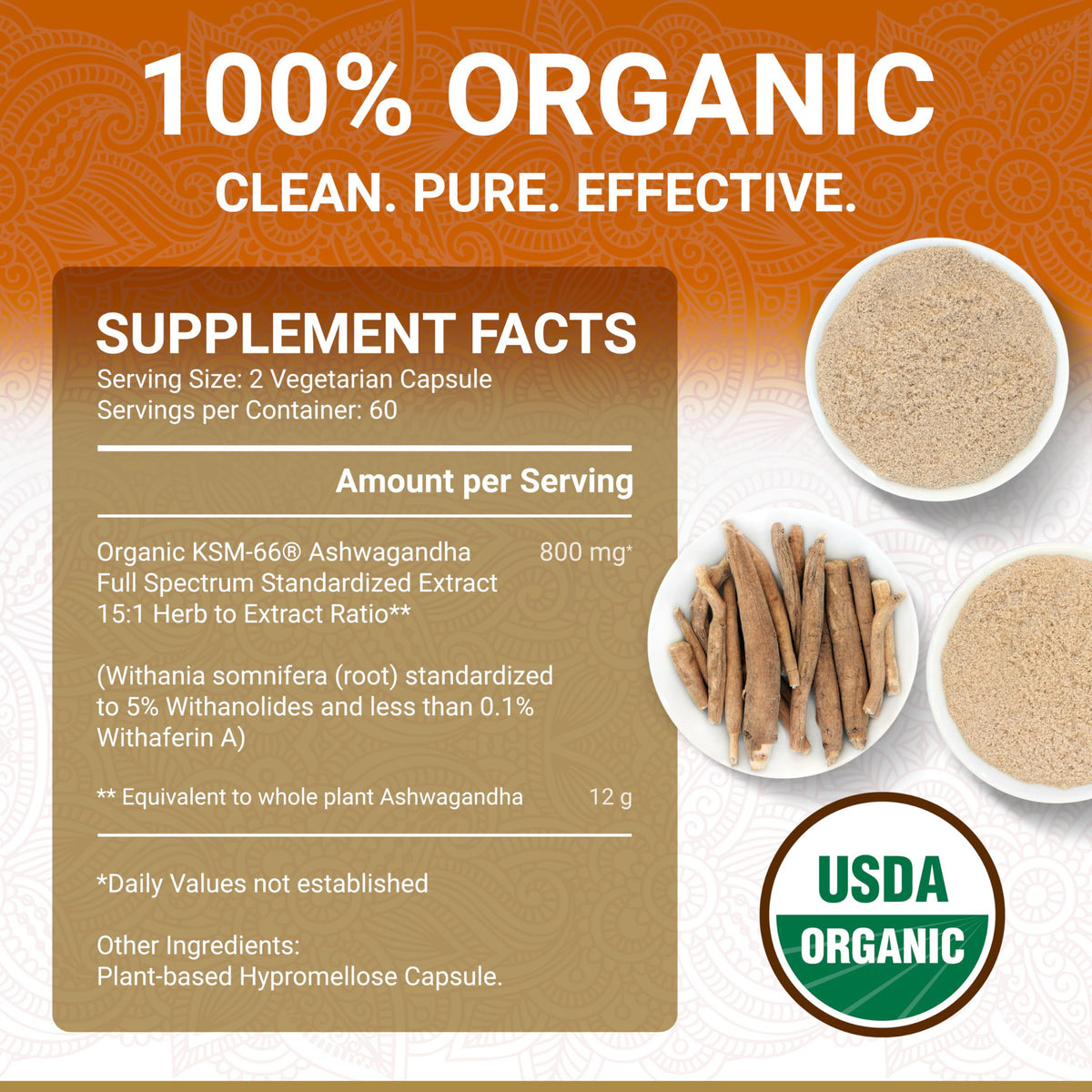 True Veda Ashwagandha KSM-66 Bio 60 capsules sur fond neutre