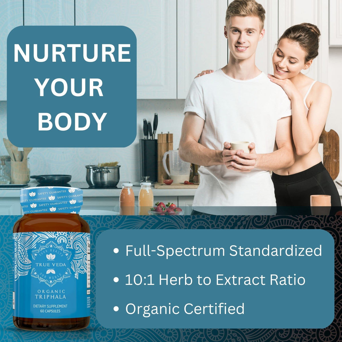 True Veda Triphala Poudre Bio capsules avec ingrédients naturels