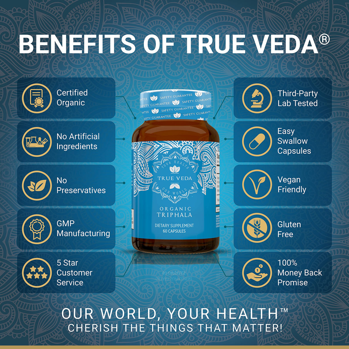 True Veda Triphala Poudre Bio capsules végétales sur fond blanc