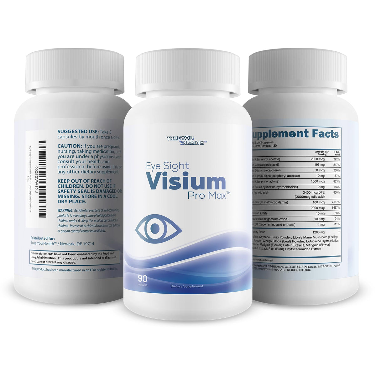 True You Health Eye Sight Visium Pro Max capsules with a glass of water