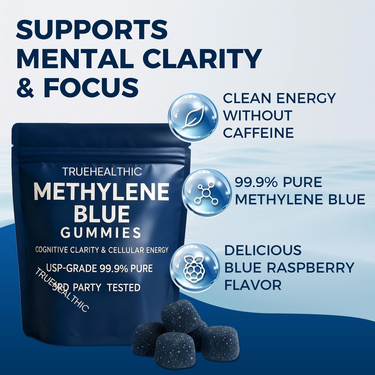 TRUEHEALTHIC Gummies Methylene Blue 5mg, gummies sur une surface blanche