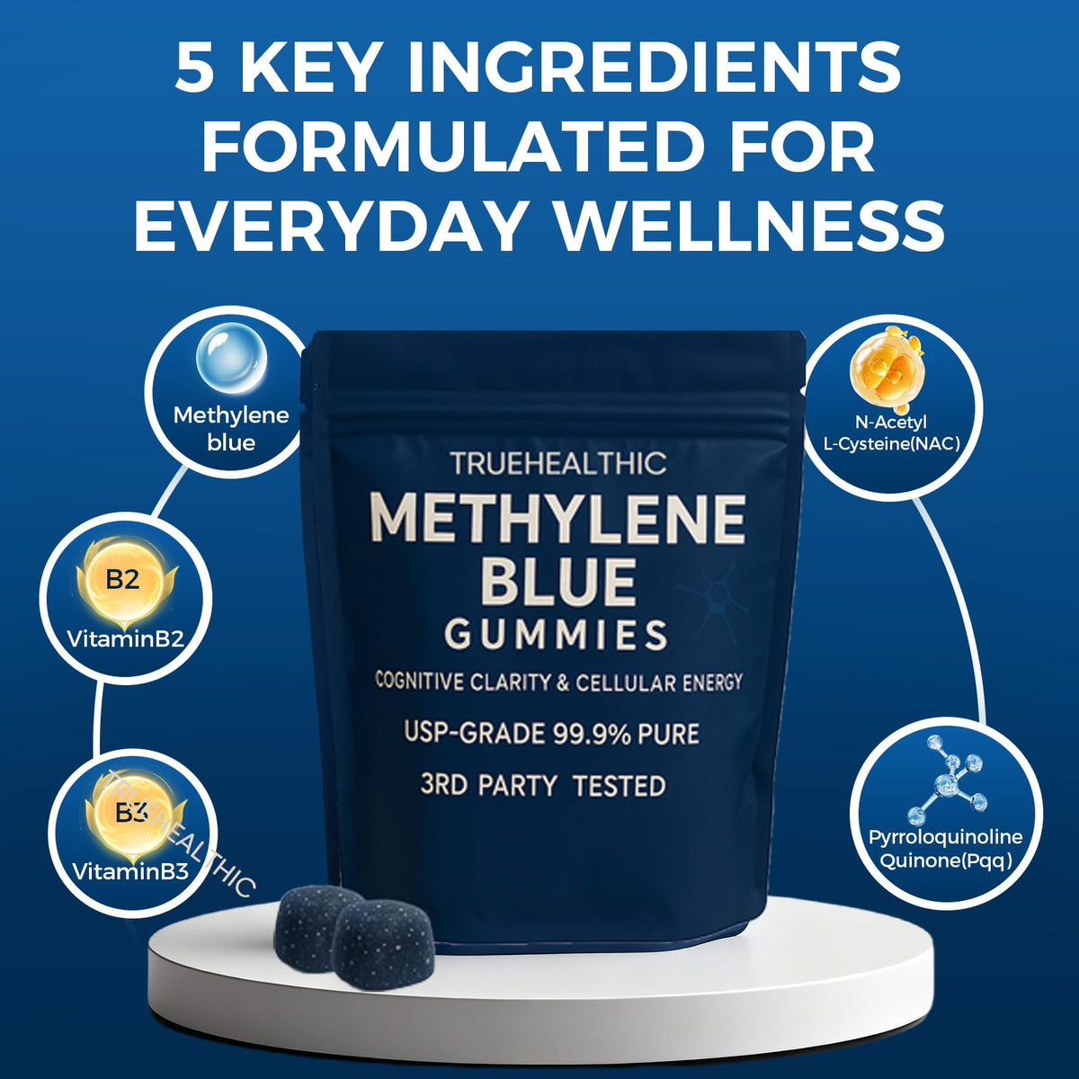 TRUEHEALTHIC Gummies Methylene Blue 5mg, mise en scène quotidienne avec verre d'eau