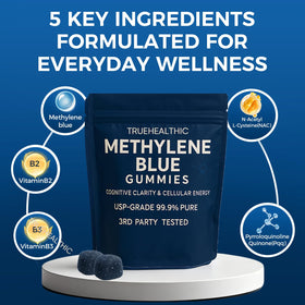 TRUEHEALTHIC Gummies Methylene Blue 5mg, mise en scène quotidienne avec verre d'eau